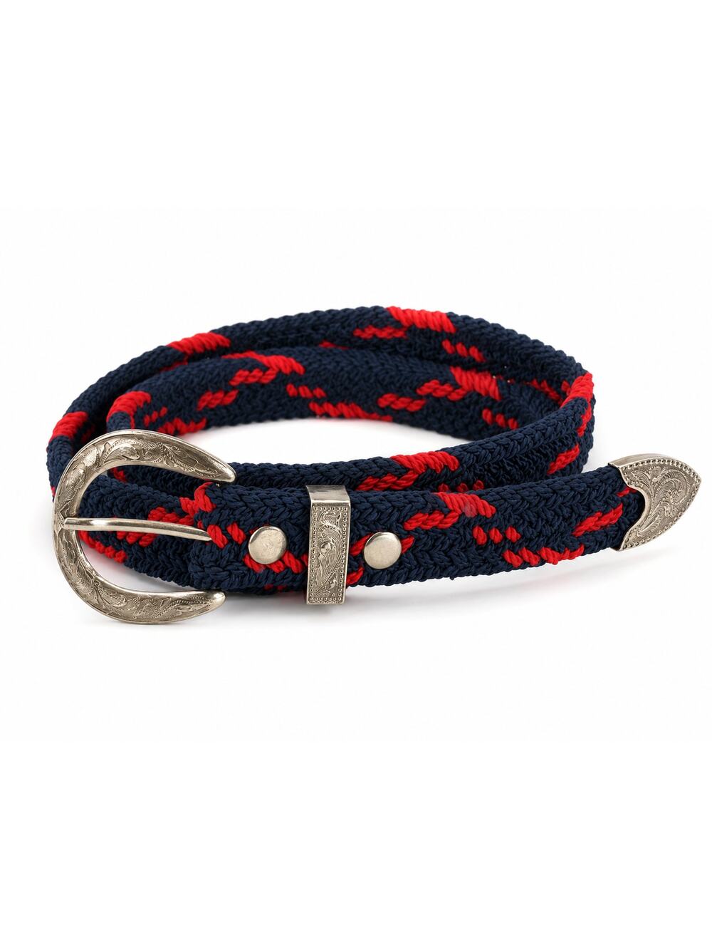 Western Rodeo Braided Nylon Rope Belt Red Blue Silver Engraved Buckle 40 Inch